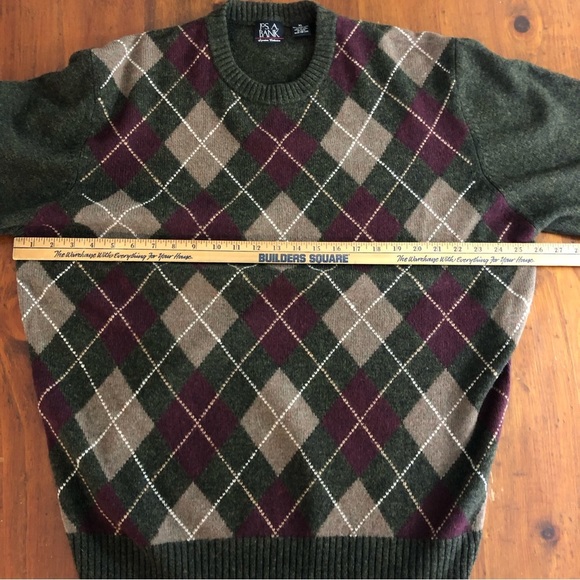JOS A BANK Lambs Wool Mens Argyle SWEATER XL Forest Green Maroon Red Crew Neck - Picture 7 of 10
